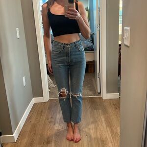 Agolde distressed cropped jeans with button fly.  High rise.  Great condition